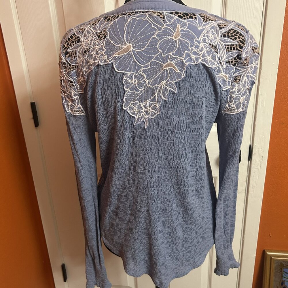 Free People Easy Breezy Just Dusk Appliqué Lace Henley Shirt - Picture 3 of 5
